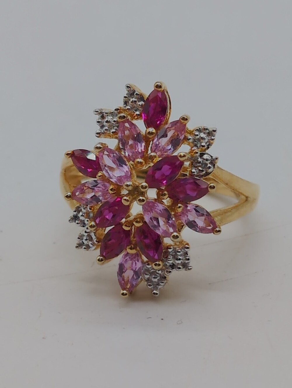 14K Gold over Silver Lab-Created Gemstone Flower Ring Sz 6.75